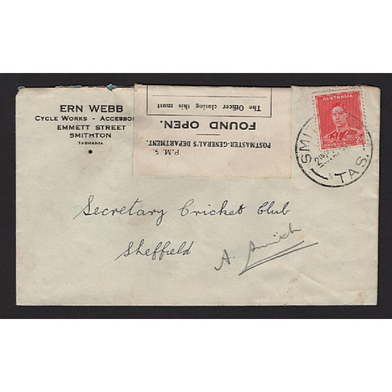 (ST1576) AUSTRALIA · 1939: small cover used in Tasmania with P.M.G. label FOUND OPEN (Sch.C.1398 - 8/1935) in excellent condition