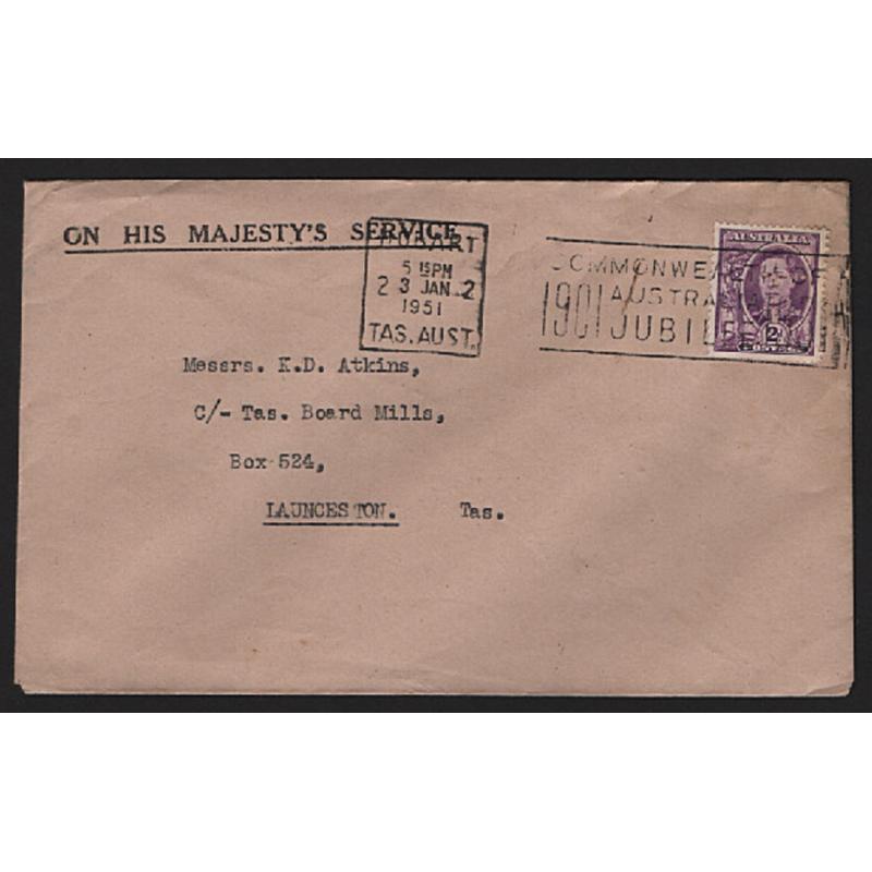 (ST1578) TASMANIA ·  1951: OHMS envelope mailed at the printed matter rate of 2d · note use of 2d bright purple KGVI perf T which is not often seen "on cover"