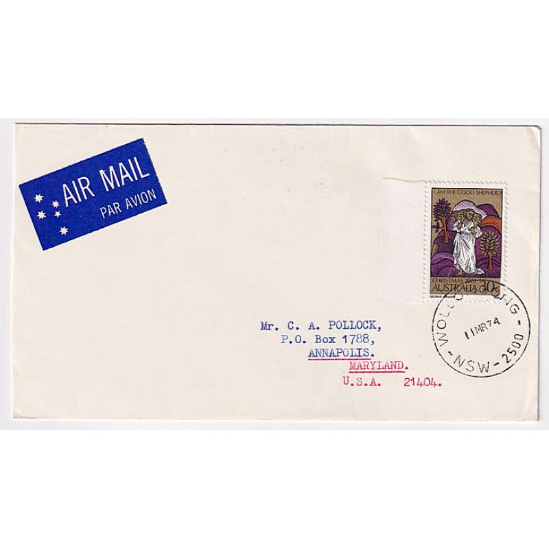 (ST1579) AUSTRALIA · 1974: air mail cover to USA with 30c 1973 C/mas commemorative · fine condition · difficult to find on cover as a single franking