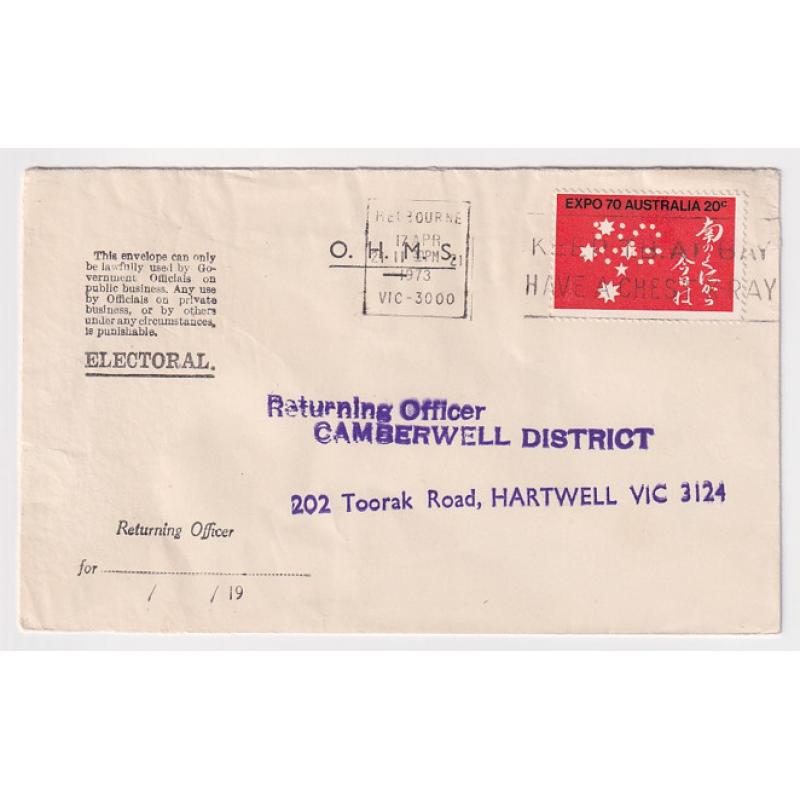 (ST1580) AUSTRALIA · 1973: Electoral Office OHMS penalty envelope used at Melbourne with single 20c Expo franking perf 'VG' · excellent condition