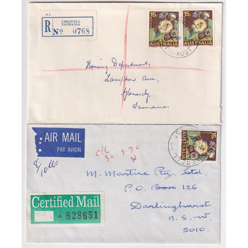 (ST1582) AUSTRALIA · 1960/70: 2 small commercial cover paying the rates for certified and registered mail · both items in fine conditiion · not a common stamp "on cover" during the issue period (2)