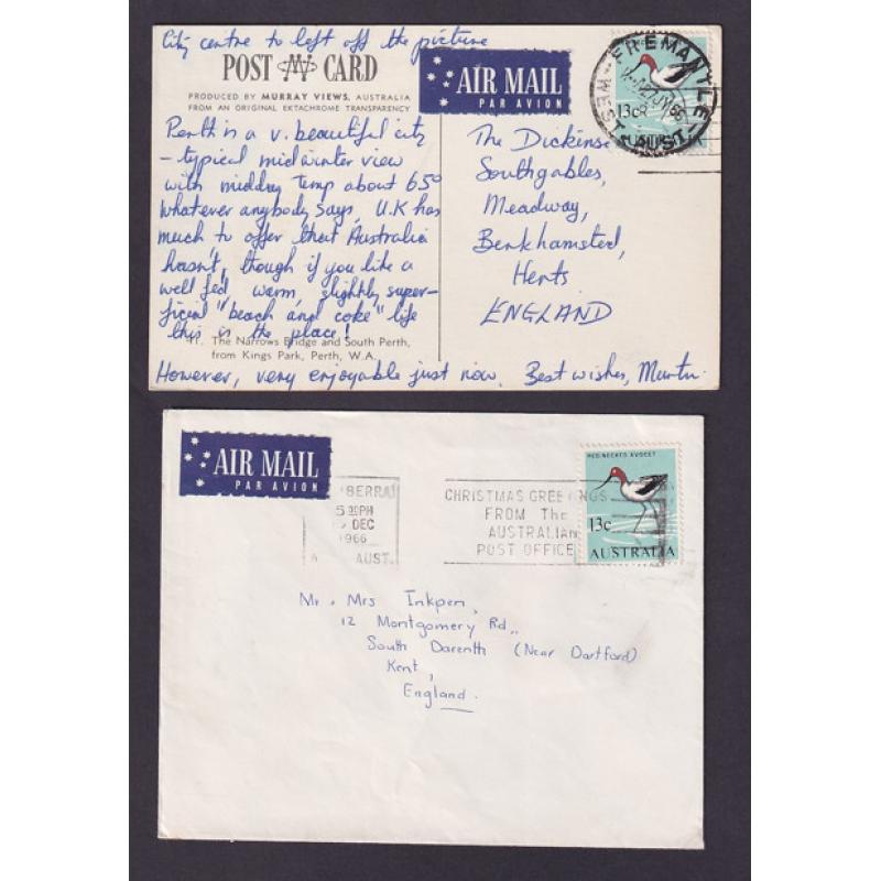 (ST1583) AUSTRALIA · 1966: a postcard and a cover with single 13c Red Necked Avocet franking paying the air mail postcard and 2nd class air mail rates · both items in excellent condition · scarce "usage" items (2)