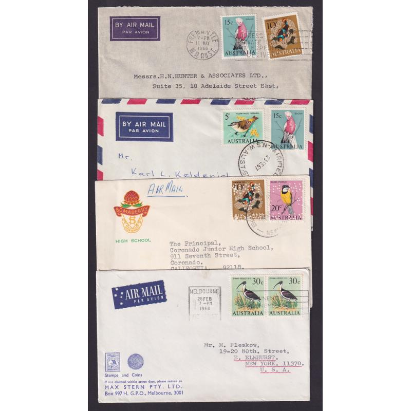 (ST1584) AUSTRALIA · 1966/72: 7 small covers with single or combination frankings comprised mostly of Bird decimal defins · most items to North American addresses · excellent to fine condition throughout (2 images)