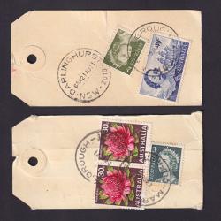 (ST1585) AUSTRALIA · 1971: two T.J. Gillhespy parcel tags with contemporary definitive frankings on the backs (2 images)