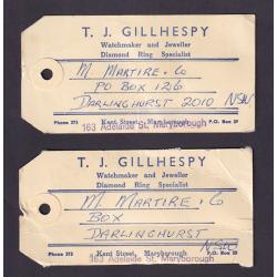 (ST1585) AUSTRALIA · 1971: two T.J. Gillhespy parcel tags with contemporary definitive frankings on the backs (2 images)