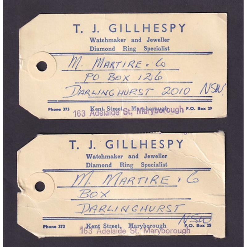 (ST1585) AUSTRALIA · 1971: two T.J. Gillhespy parcel tags with contemporary definitive frankings on the backs (2 images)