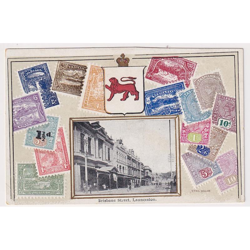 (SZ1100) TASMANIA · c.1910: unused O.S. & P.C. | V.S.M. "Cyril Dillon" Tasmanian Stamp card with an inserted b&w view of BRISBANE STREET LAUNCESTON · top margin has not been trimmed straight o/wise condition is excellent to fine