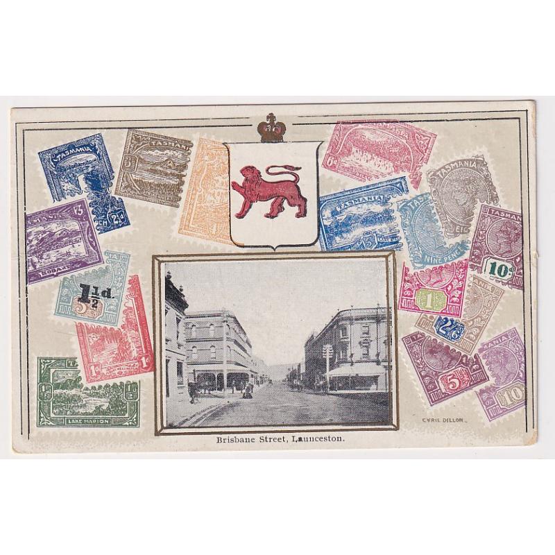 (SZ1101) TASMANIA · c.1910: used O.S. & P.C. | V.S.M. "Cyril Dillon" Tasmanian Stamp card with an inserted b&w view of BRISBANE STREET LAUNCESTON · stamp has been removed o/wise condition is excellent front & verso