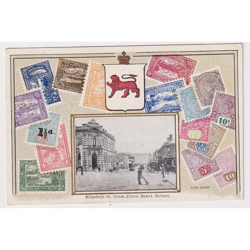 (SZ1102) TASMANIA · c.1910: unused O.S. & P.C. | V.S.M. "Cyril Dillon" Tasmanian Stamp card with an inserted b&w view of ELIZABETH ST (FROM UNION BANK) HOBART in excellent condition front & verso