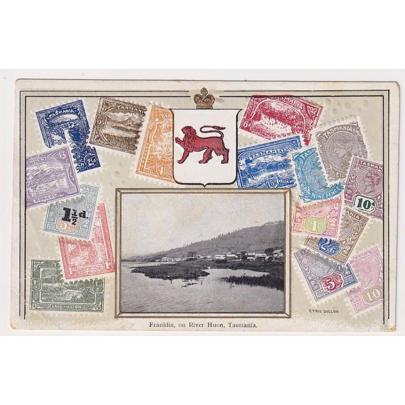 (SZ1103) TASMANIA · c.1910: unused O.S. & P.C. | V.S.M. "Cyril Dillon" Tasmanian Stamp card with an inserted b&w view of FRANKLIN ON RIVER HUON in excellent condition front & verso · a very scarce card with this view