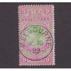 (SZ1534) VICTORIA · 1881: c.t.o. £9 apple-green & rosine QV 'Additional High Value' SG 328 · gum removed · fine condition · c.v. £350 (2 images)