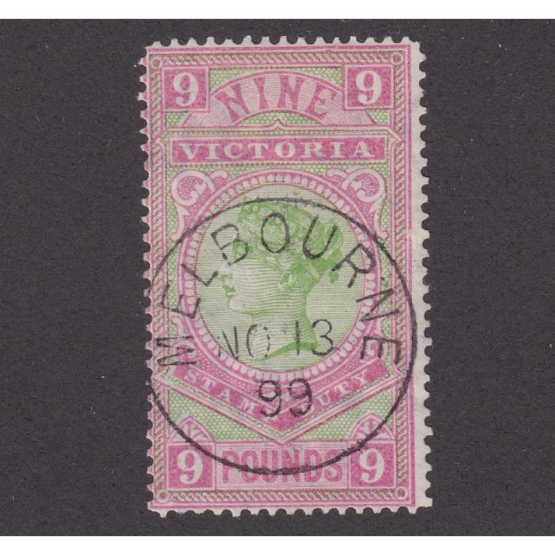 (SZ1534) VICTORIA · 1881: c.t.o. £9 apple-green & rosine QV 'Additional High Value' SG 328 · gum removed · fine condition · c.v. £350 (2 images)