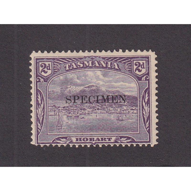 (SZ1537) TASMANIA · 1902: 2d deep reddish-violet Pictorial (s/ways V/Crown Wmk · perf.12.4) optd SPECIMEN SG 239s · mark on gum where hinge removed o/wise in nice condition · c.v. £130 · (2 images)