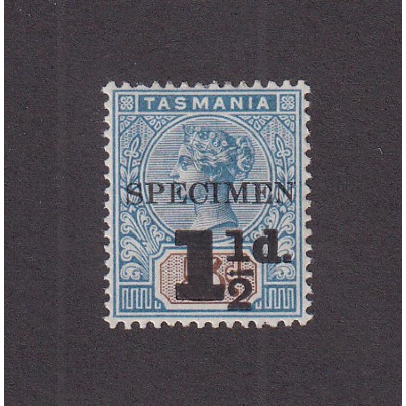 (SZ1539) TASMANIA · 1904: 5d QV Key Plate surcharged 1½d and optd SPECIMEN SG 244s · fine condition · c.v. £75 (2 images)