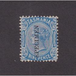 (SZ1540) TASMANIA · 1903: 9d blue QV S/face (sideways V/Crown wmk · perf.12.4) · sideways SPECIMEN overprint SG 242cs · some light gum 'zoning' around where hinge removed · fine appearance from money side (2 images)