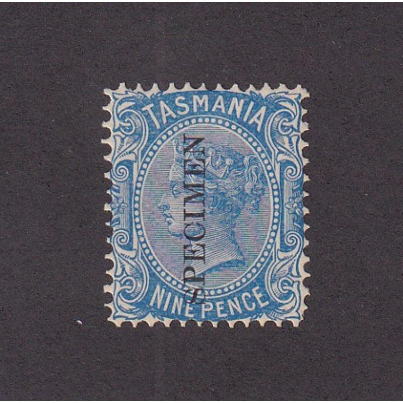 (SZ1540) TASMANIA · 1903: 9d blue QV S/face (sideways V/Crown wmk · perf.12.4) · sideways SPECIMEN overprint SG 242cs · some light gum 'zoning' around where hinge removed · fine appearance from money side (2 images)