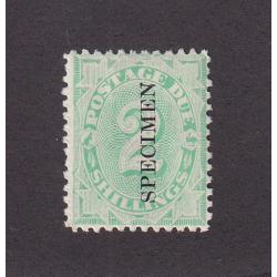 (SZ1544) AUSTRALIA · 1902: fresh mint 2/- emerald-green P/Due optd SPECIMEN (perf. 1½,12) SG D20s · fine appearance (2 images)