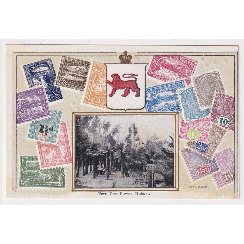 (SZ1548) TASMANIA · c.1910: unused O.S. & P.C. | V.S.M. "Cyril Dillon" Tasmanian Stamp card with an inserted b&w view of the FERN TREE BOWER HOBART in fine condition front & verso