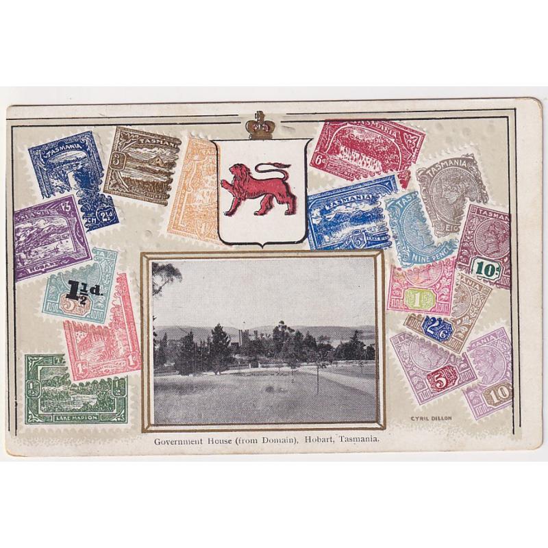 (SZ154)9 TASMANIA · c.1910: unused O.S. & P.C. | V.S.M. "Cyril Dillon" Tasmanian Stamp card with an inserted b&w view of GOVERNMENT HOUSE ... HOBART in nice condition front & verso