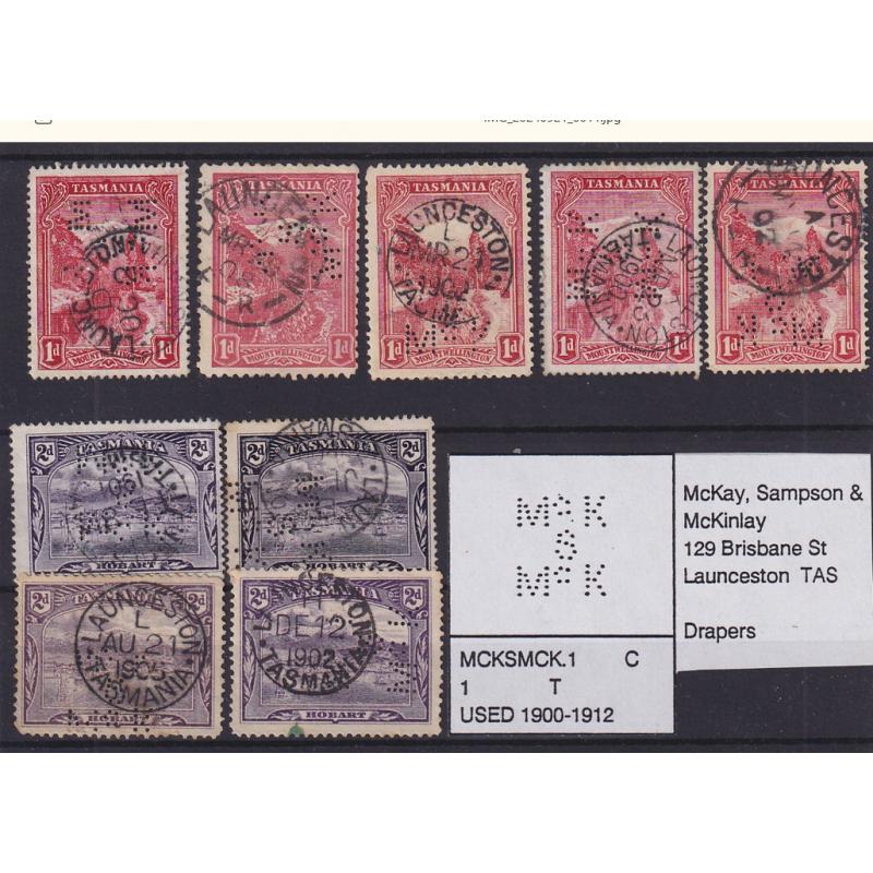 (TY10112) TASMANIA · 1900/08: used 1d (5) and 2d (4) Pictorials each bearing the McK S McK private perfin used by McKay Sampson & McKinley at Launceston ..... see largest image (9)