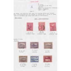 (TY10113L) TASMANIA · collection remnants of 'A' perfins used by Tattersall on Pictorials to 6d · different types · condition as per largest images · 30 stamps (3 images)