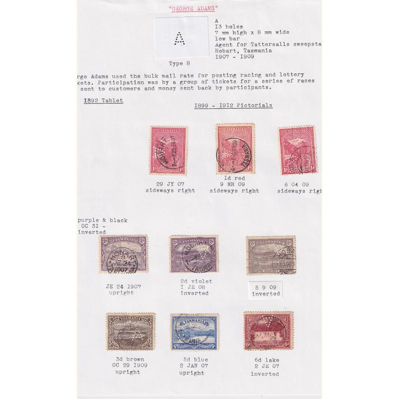 (TY10113L) TASMANIA · collection remnants of 'A' perfins used by Tattersall on Pictorials to 6d · different types · condition as per largest images · 30 stamps (3 images)