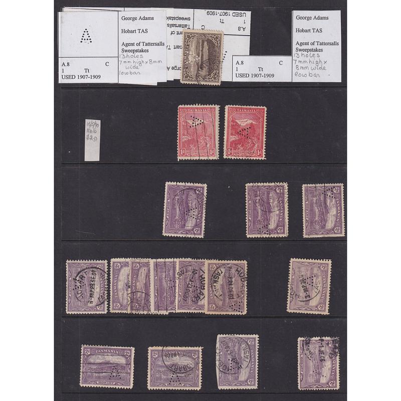 (TY10113L) TASMANIA · collection remnants of 'A' perfins used by Tattersall on Pictorials to 6d · different types · condition as per largest images · 30 stamps (3 images)