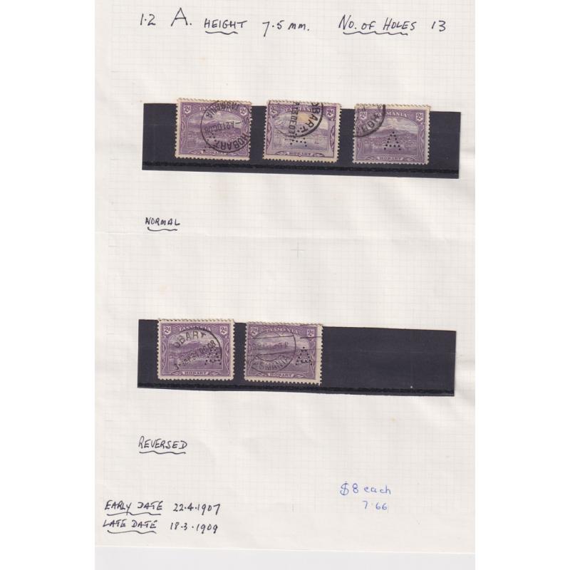 (TY10113L) TASMANIA · collection remnants of 'A' perfins used by Tattersall on Pictorials to 6d · different types · condition as per largest images · 30 stamps (3 images)