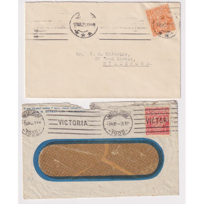 (TY1219) AUSTRALIA · 1921/22: D.W. Murray Ltd coversmailed from Adelaide (with Type 1 'DWM Ltd 'perfin on a 2d orange KGV) and Melbourne (with Type 4 perfin on a 2d red KGV) · latter cover has faults so please view the largest image (2)