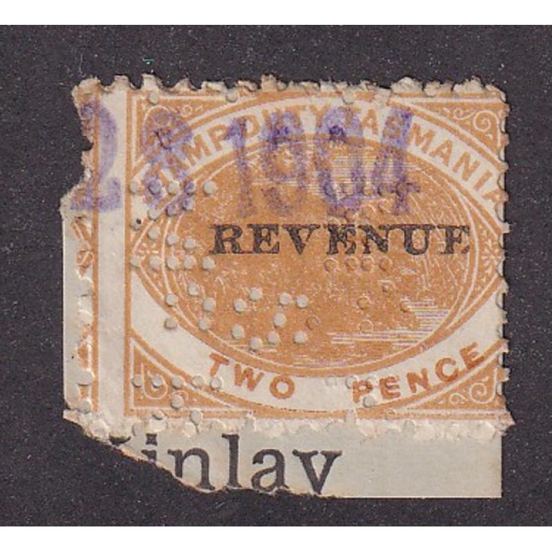 (TY1260) TASMANIA · 1904: 2d chestnut Platypus optd REVENUE Craig 7.53 used on piece with a McK/S/McK private perfin, not often seen on s/duty issues