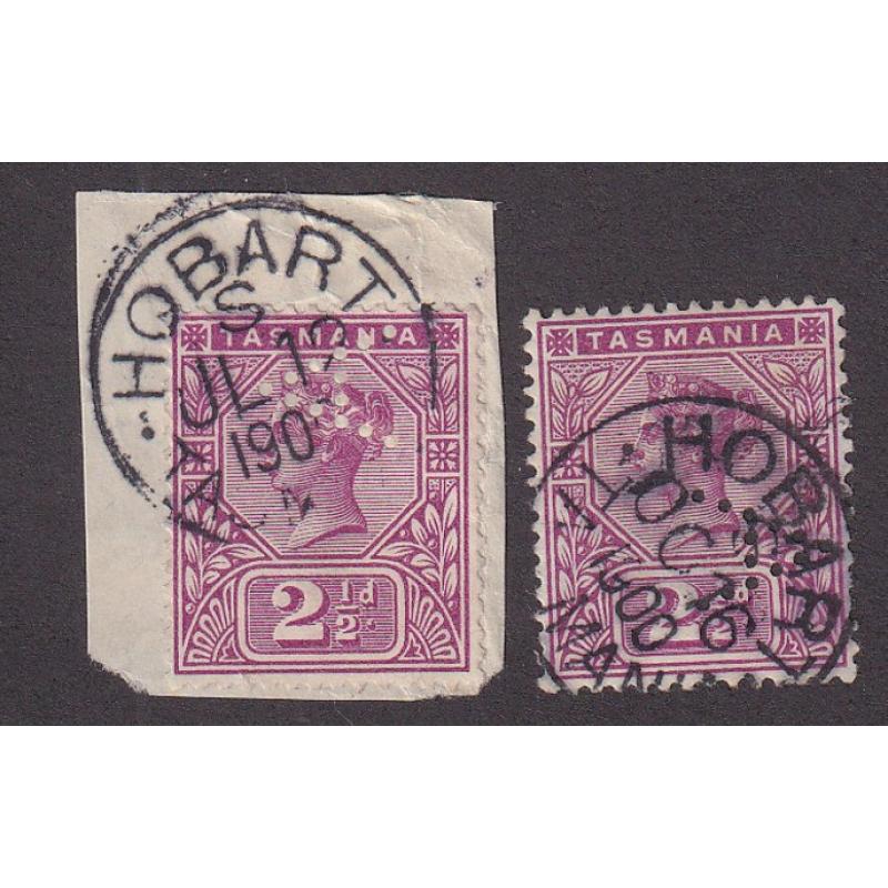 (TY1261) TASMANIA · 1900: used 2½d QV Keyplates both with a Type 2 'A' private (used by Tattersall), one applied sideways to the left, the other sideways to the right (2)