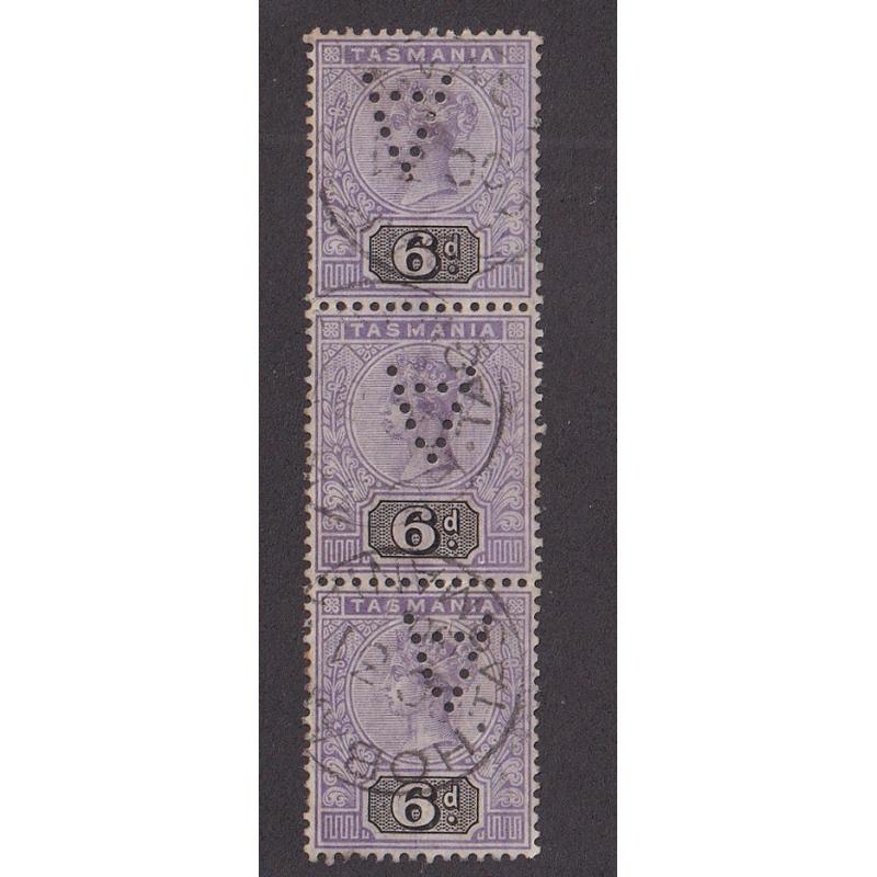 (TY1262) TASMANIA · c.1905: a used vertical strip of 3x 6d violet & black QV Key Plate SG 219 each bearing an inverted Type 5 "A" private perfin used by Tattersall, Hobart · multiples are uncommom (3)