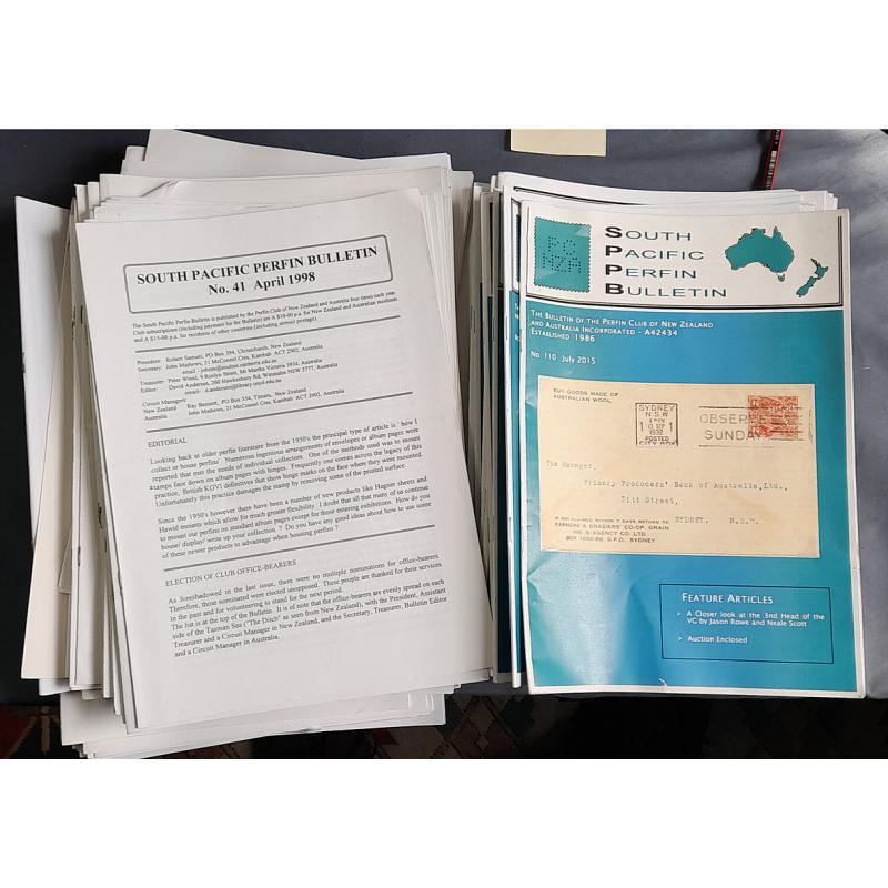 (TY1266B) AUSTRALIA · box containing nearly a complete "run" of the SOUITH PACIFIC PERFIN BULLETIN · over 90 copies · excellent condition throughout · a wealth of expert knowledge here!