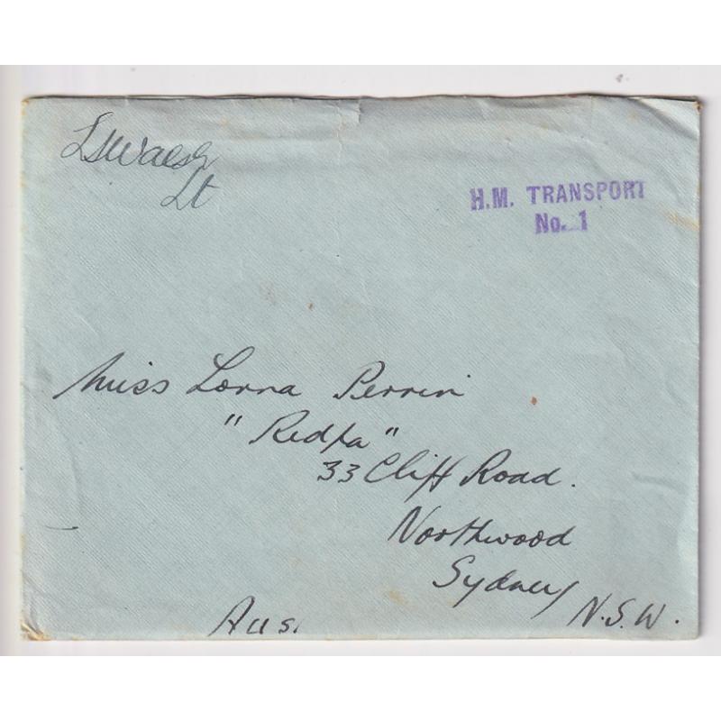 (TY1267) AUSTRALIA · 1940: censored cover written on board H.M. TRANSPORT No.1 (h/s) on it's way to join the Middle East Forces · contains letter · excellent clean condition