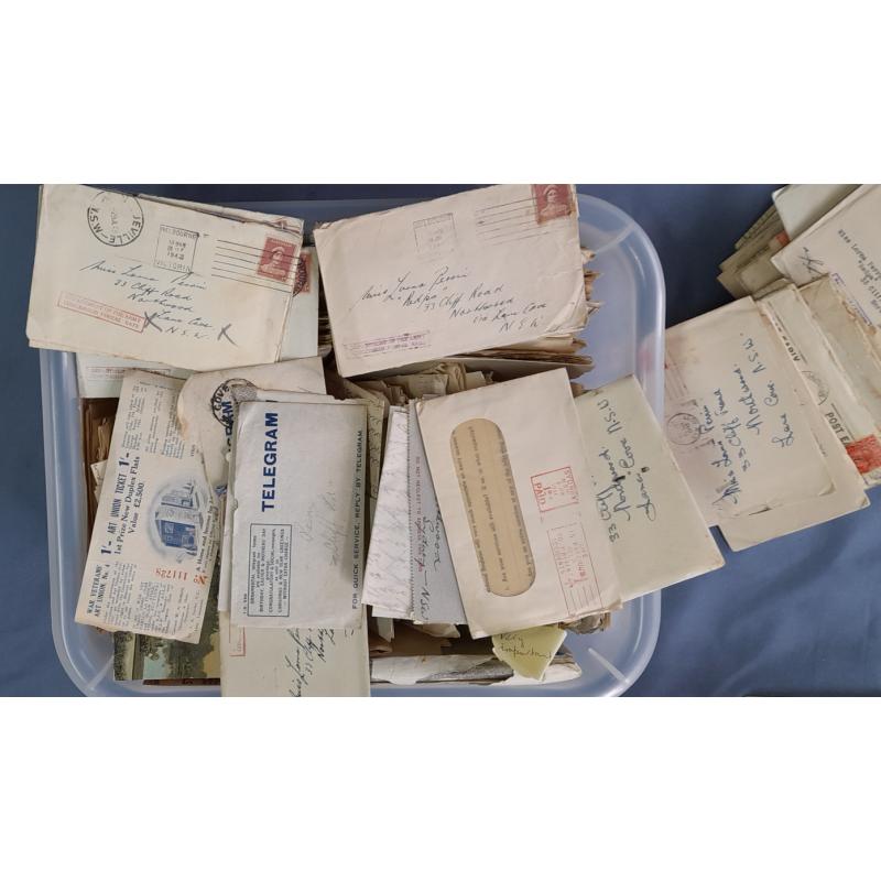 (TY1271B) AUSTRALIA · 1930s/40s: plastic tub of covers and ephemera from the period in a mixed condition · some censored mail with contents mainly from the same serviceman · a couple of 100 items at least (3 sample images)