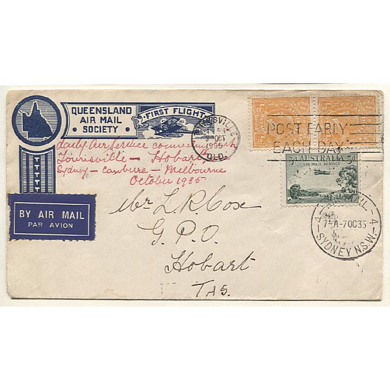 (TY15179) AUSTRALIA · 1935: QLD Air Mail Society envelope carried Townsville/Sydney and then Sydney/Hobart (by Holymans) · datestamps front & back "document" the journey · excellent condition