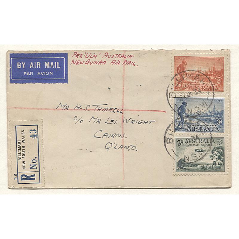 (TY15192) AUSTRALIA · 1934: registered cover mailed at BILLIMARI (NSW) and carried Sydney/Cairns on 1st Air Mail Flight to Papua and New Guinea  on "Faith in Australia" AAMC #395a · fine condition