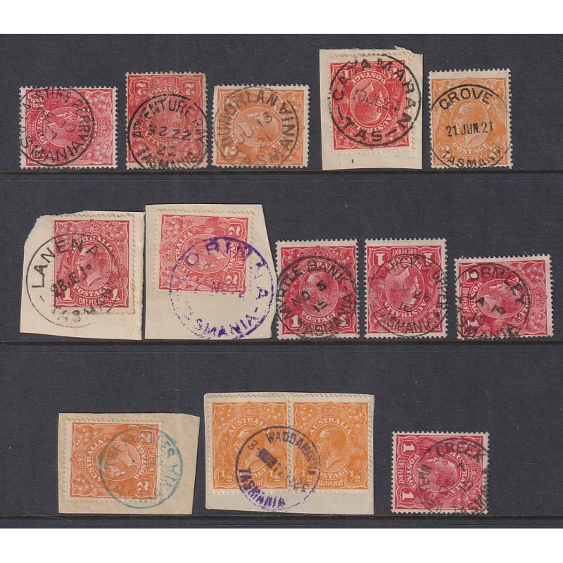 (VV1162) TASMANIA · a Baker's Dozen of selected small town postmarks · included rated to 2R and coloured strikes · noted CATAMARAN, LORINNA and MT HICKS UPPER. (13)