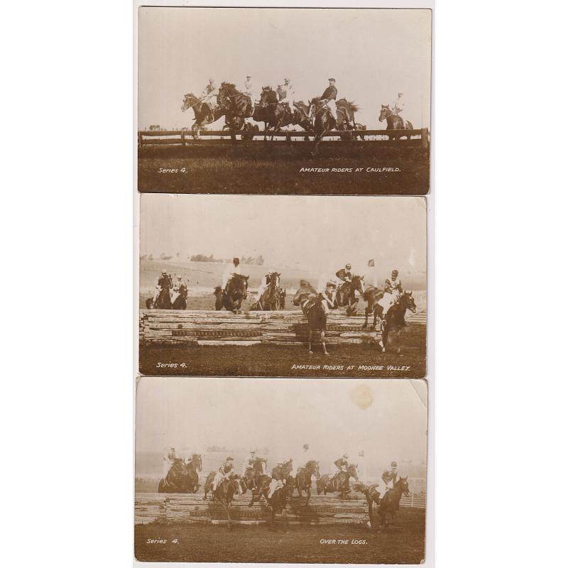 (VV1174) VICTORIA · c.1910: 3 unused real photo cards with views of AMATEUR RIDERS AT MOONEE VALLEY and CAULFIELD · photographer not identified but all from same "series" · overall condition VG to excellent (3)