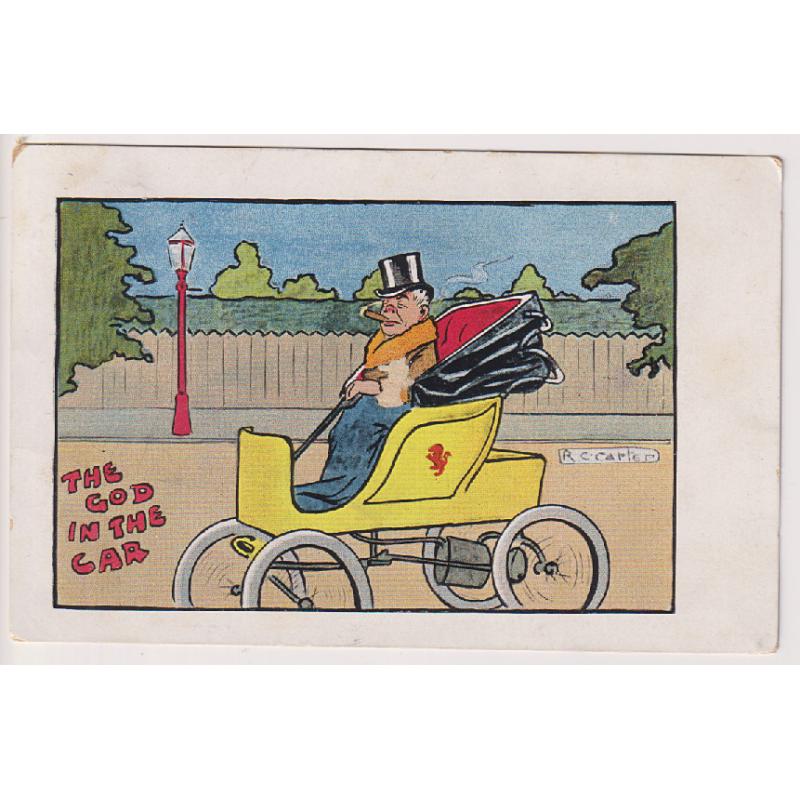 (VV1216) GREAT BRITAIN · 1907: humorous card by Valentine with an illustration by R.C. Carter captioned THE GOD IN THE CAR · postally used in Victoria · excellent condition · $5 STARTER!!