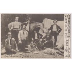 (WS1248) TASMANIA · 1905: undivided back real photo card with a portrait of some young men "looking tough" at TRIAL HARBOUR on January 1st · interesting visual message · excellent condition · mailed to Cressy from Zeehan (2 images)