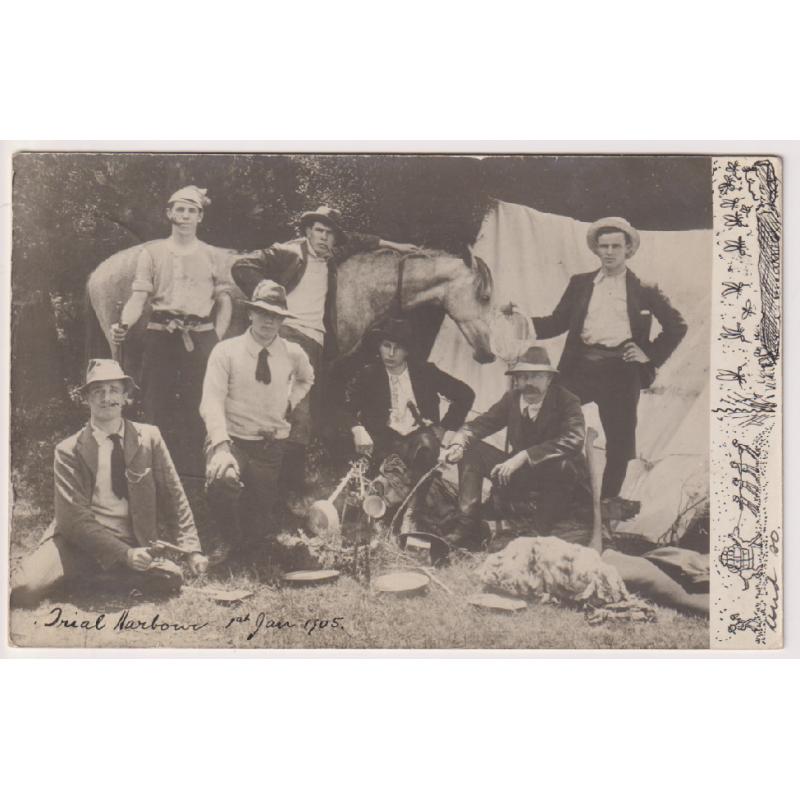 (WS1248) TASMANIA · 1905: undivided back real photo card with a portrait of some young men "looking tough" at TRIAL HARBOUR on January 1st · interesting visual message · excellent condition · mailed to Cressy from Zeehan (2 images)