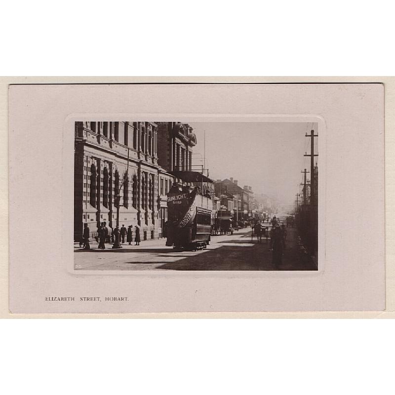 (WS15059) TASMANIA · c.1915: unused real photo style card of British manufacture with a view of a double-decker tram in ELIZABETH STREET HOBART · condition is excellent to fine