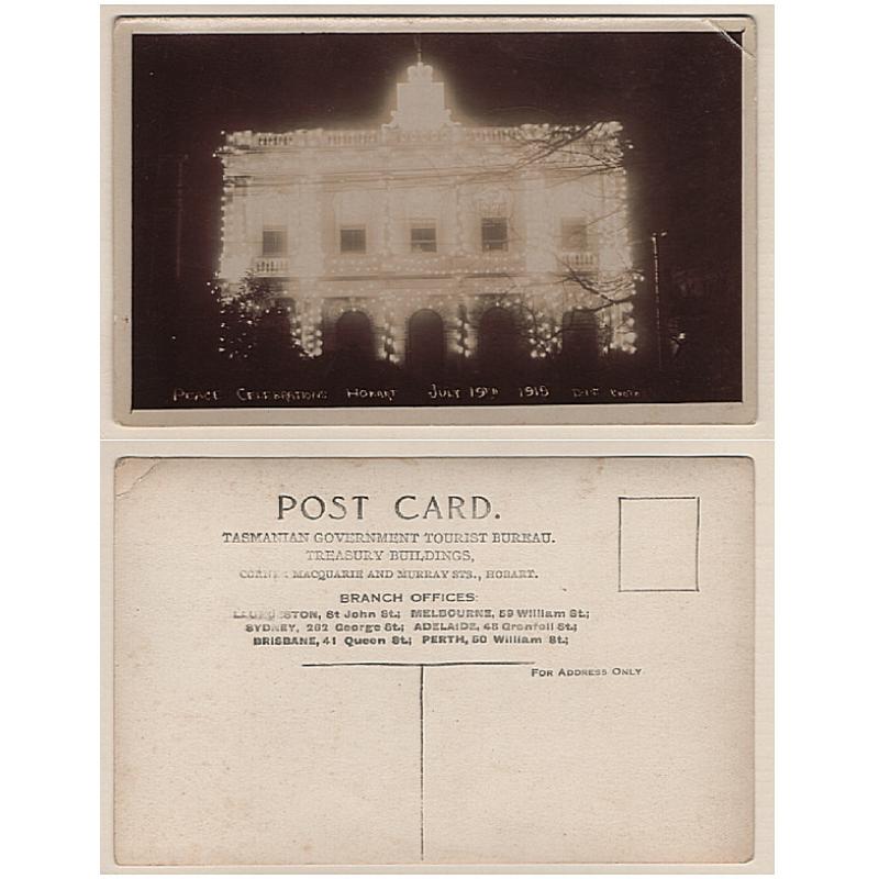 (WS15063) TASMANIA · c.1920: unused real photo card by DIC for the Tas Tourist Bureau with a view titled PEACE CELEBRATIONS HOBART JULY 19th 1919 · minor corner crease at UR o/wise in excellent condition