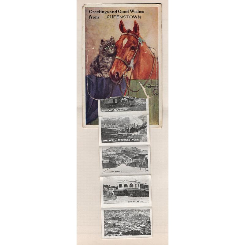 (WW15138) TASMANIA  · c.1920: novelty card by Valentine's with nine foldout b&w views of QUEENSTOWN · some wear and light soiling on back however the overall condition is excellent · scarce item in my experience