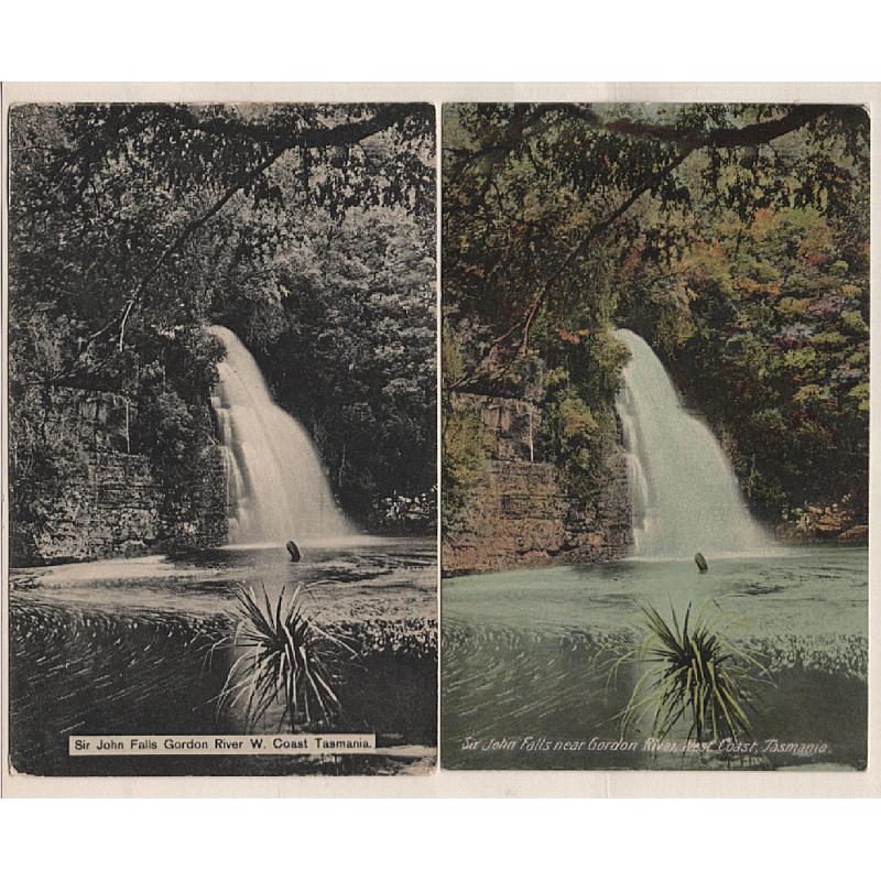 (WW15139) TASMANIA · c.1910: 2 different cards by Spurling & Son featurings views of SIR JOHN FALLS on the Gordon River · both items in excellent condition · see full description (2)