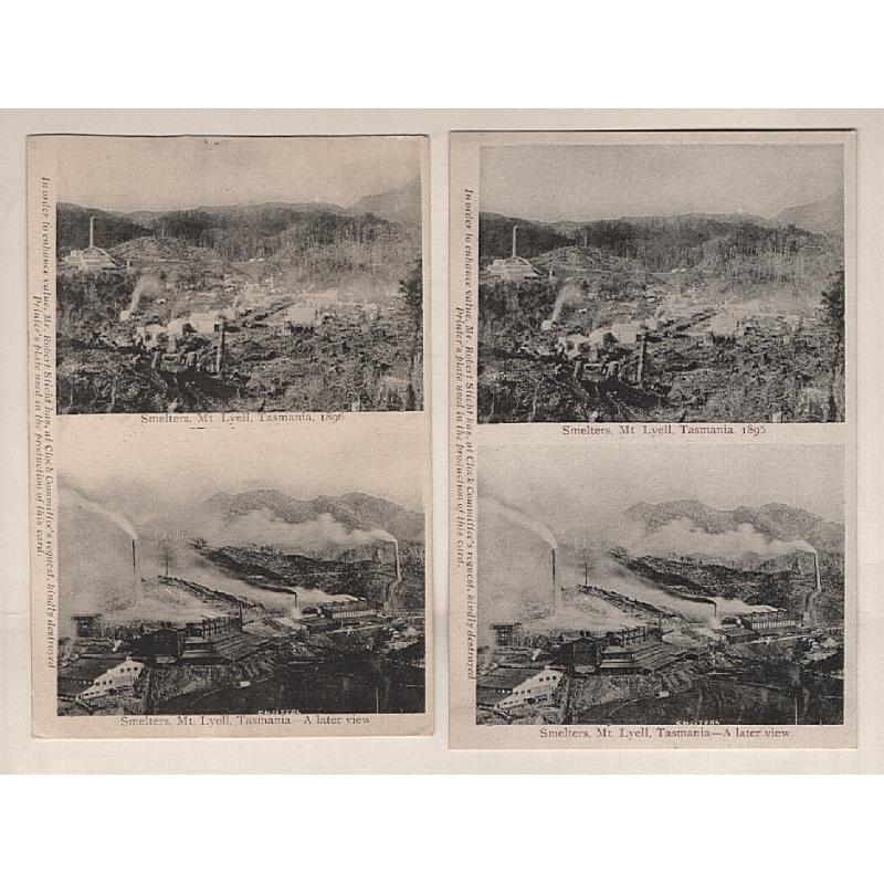 (WW15140) TASMANIA · 1907: unused "Clock & Chimes Souvenir Post Card(s)" with 2 views the SMELTERS MT. LYELL QUEENSTOWN · different printings with text in light or dark brown · both items in F to VF condition (2 images)