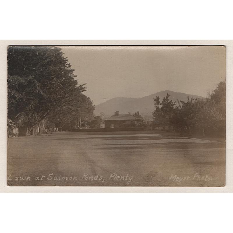 (WW15158) TASMANIA ·  c.1910: unused real photo card by Meyer w/view of the LAWN AT SALMON PONDS, PLENTY · print a little over-exposed with some photo-chemical staining on the back o/wise in excellent condition