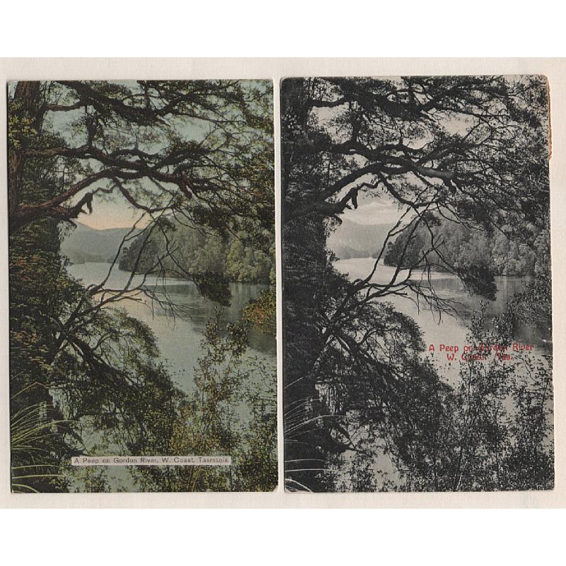 (WW15169) TASMANIA ·  1907/10: b&w and colour versions of the same view by Spurling & Son titled A PEEP ON GORDON RIVER W. COAST · the colour card is numbered 58A; the other card is unnumbered · both cards in excellent condition (2)