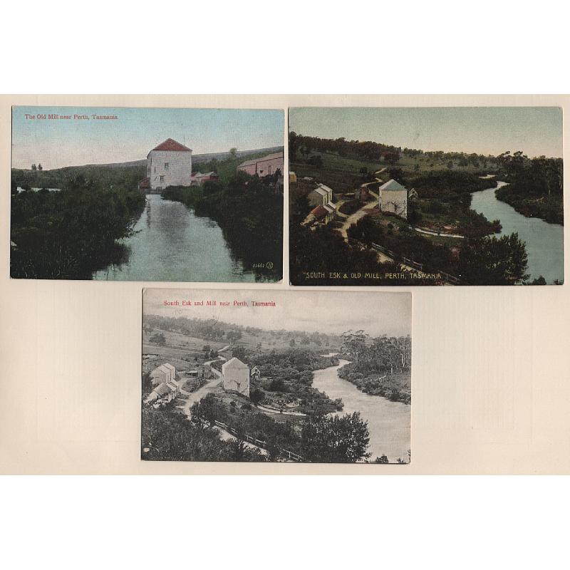 (WW15186) TASMANIA · 1908: colour card by Selwyn Cox w/view SOUTH ESK & OLD MILL, PERTH plus a b&w card of the same view - also a card by Valentine (53663) w/view of the mill but from the other side · all cards have been postally used (3)